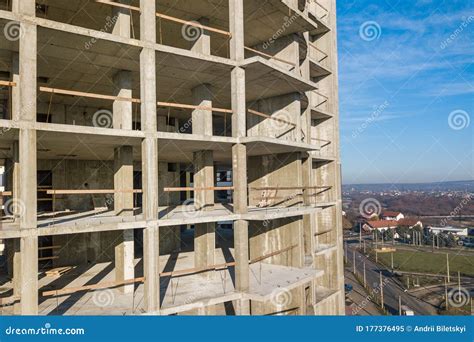 Aerial View Of Concrete Frame Of Tall Apartment Building Under