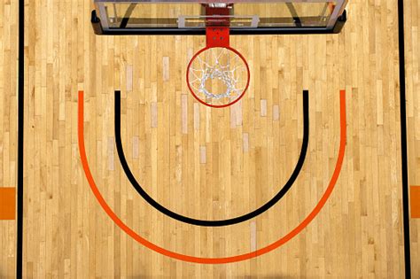Basketball Goal And Backboard Above A Hardwood Court Stock Photo