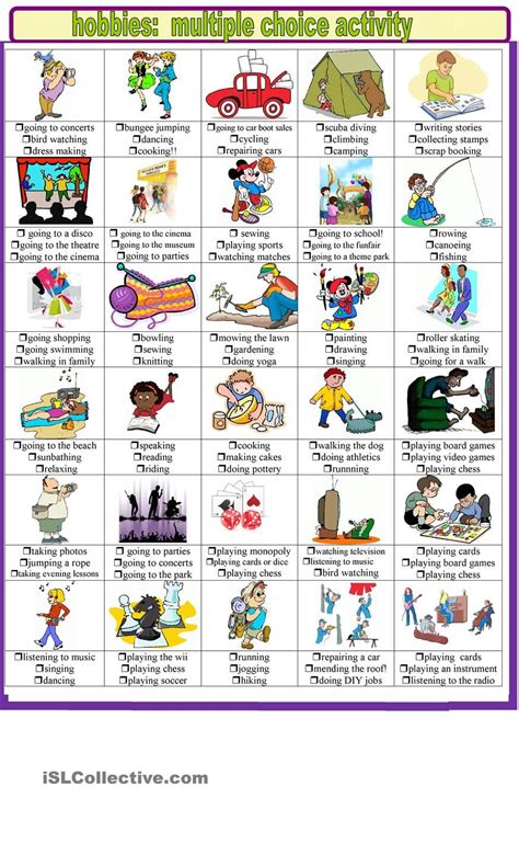 Hobbies And Pastimes Multiple Choice Activities Free Time Activities