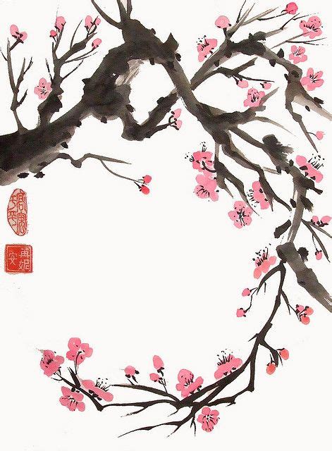 Curving Plum Branch Blossoms Art Cherry Blossom Painting Japanese