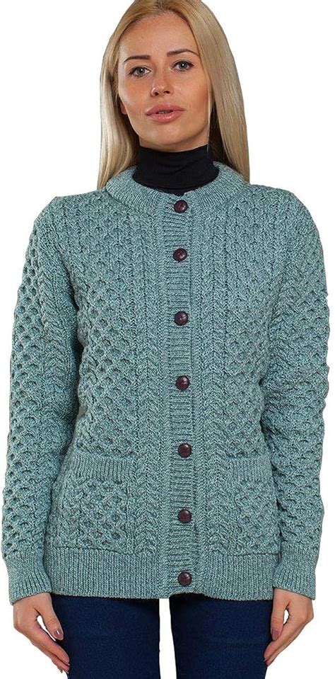 Irish Aran Knitwear 100 Merino Wool Womens Cardigan Sweater With