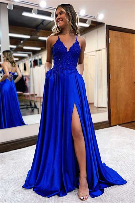 Cute A Line V Neck Royal Blue Satin Long Prom Dresses With Slit