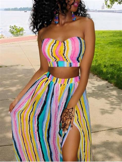 Yellow Pink Striped Bandeau Off Shoulder Two Piece Flowy Bohemian Maxi Dress Bohemian Maxi