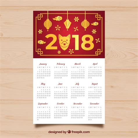 Free Vector Red And Golden Chinese New Year Calendar