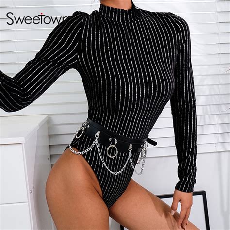 Sweetown Fashion Silver Stripe Patchwork Glitter Turtleneck Bodysuit