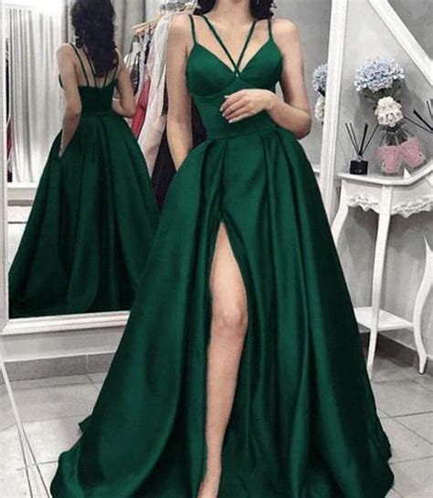 Dark Green Prom Dress Long Open Backs A Line Formal Dresses Split Party