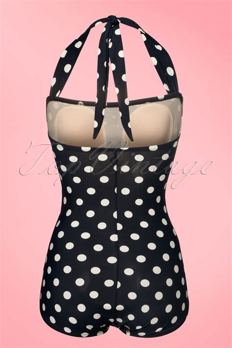 50s Classic Polkadot One Piece Swimsuit In Black And White