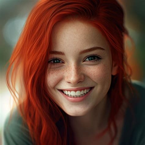 Premium Ai Image A Woman With Red Hair And Green Eyes Smiles