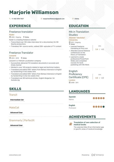 A Professional Resume With Green And Yellow Accents On The Front In An