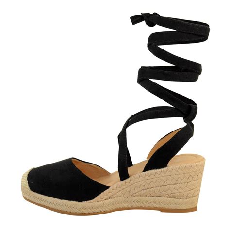Womens Ladies Summer Low Wedge Sandals Ankle Lace Tie Up Espadrilles