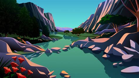 Lake 4k Wallpaper Mountains Rocks Evening Scenery Illustration