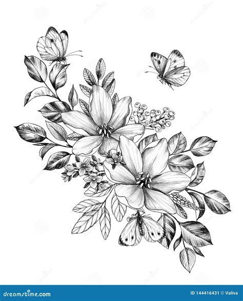 Hand Drawn Bunch With Flowers And Butterflies Stock Illustration
