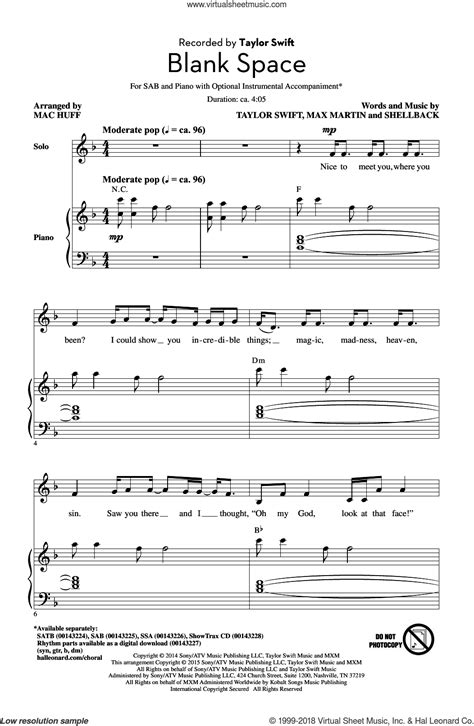 Swift Blank Space Sheet Music For Choir Sab Soprano