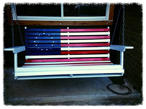 * custom made outdoor tables and chairs. Patriotic flag. Porch swing. Our daughter thought it ...