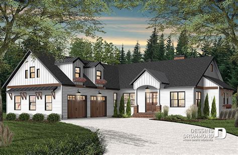 The modern farmhouse style combines timeless country elements with more modern influences. Plan maison 4 chambres, 2.5 s.bain, garage, 3233-V1 | Dessins Drummond | Farmhouse style house ...