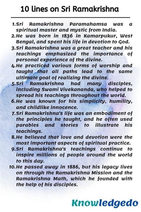 10 Lines On Sri Ramakrishna In English Knowledgedo