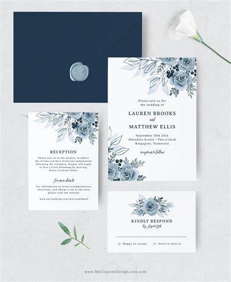 Dusty Blue Wedding Invitations Diy Floral Wedding Invitation Etsy Uk