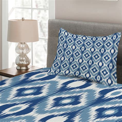 Dark Blue Quilted Coverlet And Pillow Shams Set Ikat Motif Ethnic Print