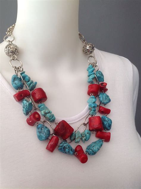 Double Strand Necklace With Turquoise Nuggets Red Coral Chunks And