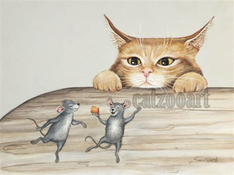 Dancing Mice Cat Cheese Painting Catzooart
