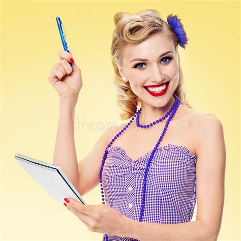 Beautiful Happy Woman With Notepad Pin Up Style Yellow Background