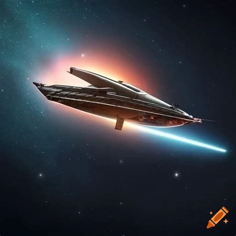 Futuristic Space Sailing Ship Between Interstellar Planets And Stars On