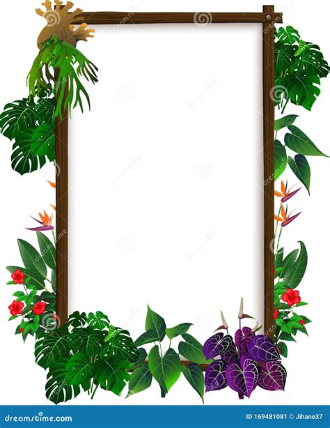 Wood Square Frame With Tropical Plant And Flower Cartoon Stock