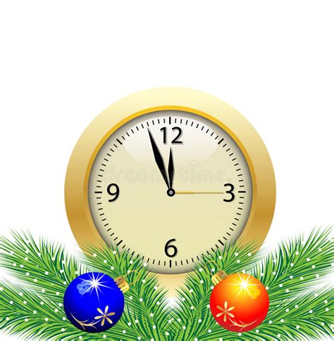 Festive Postal With A Clock And Green Branches With Toys Stock Vector