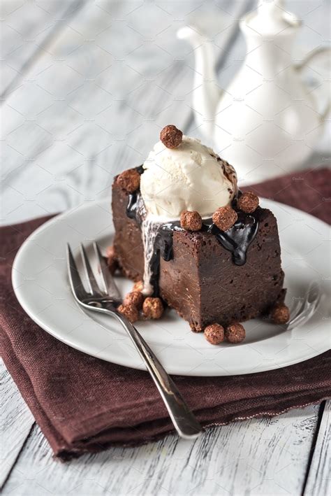 Chocolate Brownie With Vanilla Ice Cream And Cocoa Balls Closeup Photograph Food Photography