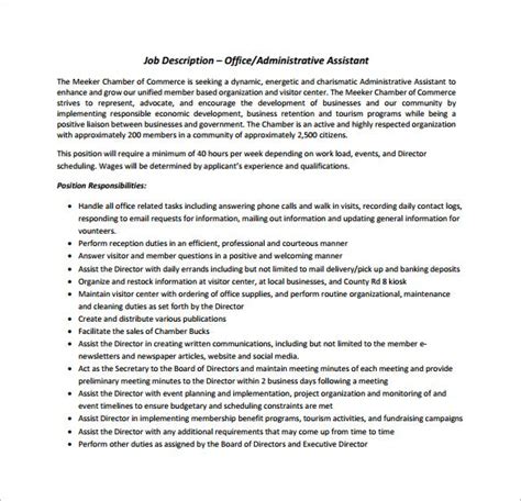 Administration support and administrative assistance are key to the efficient operation of a unit, department or company. 8+ Office Assistant Job Description Templates | Free ...