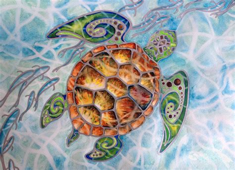 Watercolor Landcolor Skycolor — Tropical Tribal Sea Turtle Art Honu Island