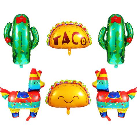 6 Pieces Mexican Fiesta Theme Party Balloons Mexican Taco Llama Cactus