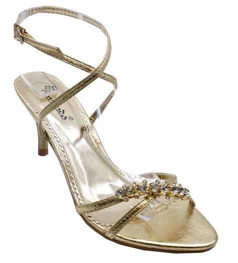 Ladies Gold Kitten Heel Strappy Evening Diamante Elegant Sandals Shoes