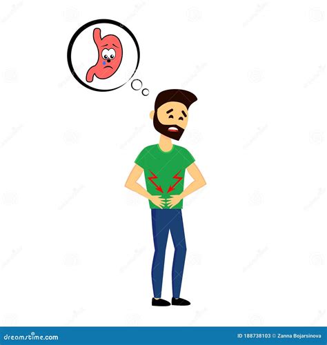 Cartoon Man Character Suffers Painful Abdomen Injury And Holds Painful