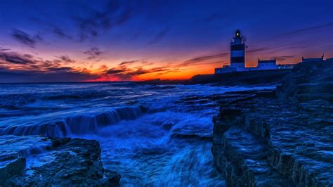 Lighthouses Sea Sky Horizon Oceans Sunsets Nature Hd Wallpaper