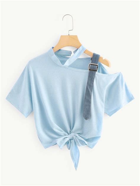 Maybe you would like to learn more about one of these? Asymmetrical Neck Knot Hem Tee -SheIn(Sheinside) in 2020 ...