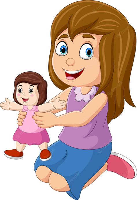 Premium Vector Cartoon Little Girl Holding A Doll