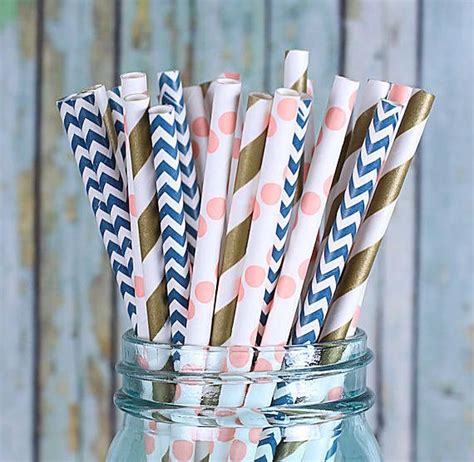 Nantucket Chic Paper Straws In Coral Navy And Gold 30 Coral Bridal