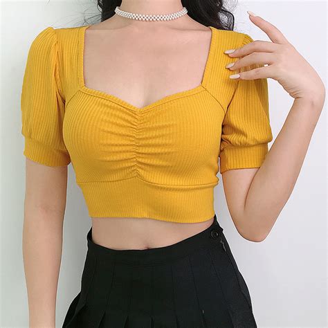 Fashion Women Sexy Crop Tops Short Sleeve Cropped Blouse Low Collar T