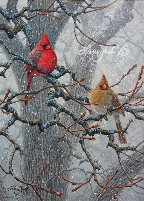 Winter Pair Cardinals Larry Zach Wildlife Art