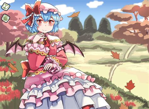 Safebooru 1girl Autumn Leaves Back Bow Bat Wings Blue Hair Blue Sky Blush Bow Bush Capelet