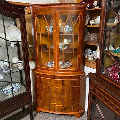 vintage yew wood freestanding corner cabinet treasure trove antique