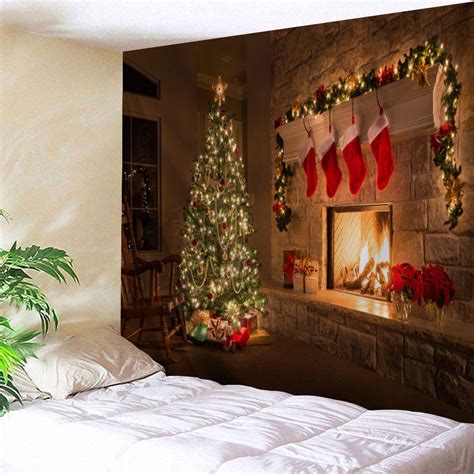 49 Off Wall Decor Christmas Fireplace Tree Pattern Tapestry Rosegal