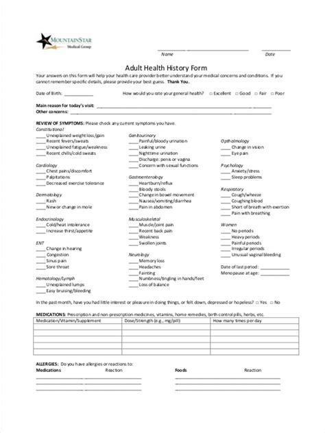 Health History Form Printable