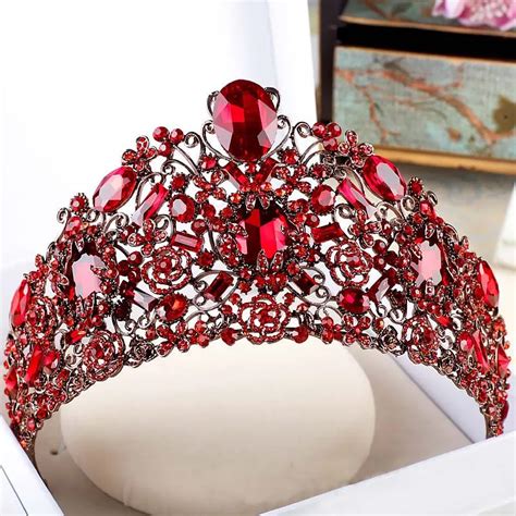 baroque queen big tiaras and crowns gold red crystal rhinestone noiva bride diadem headpiece