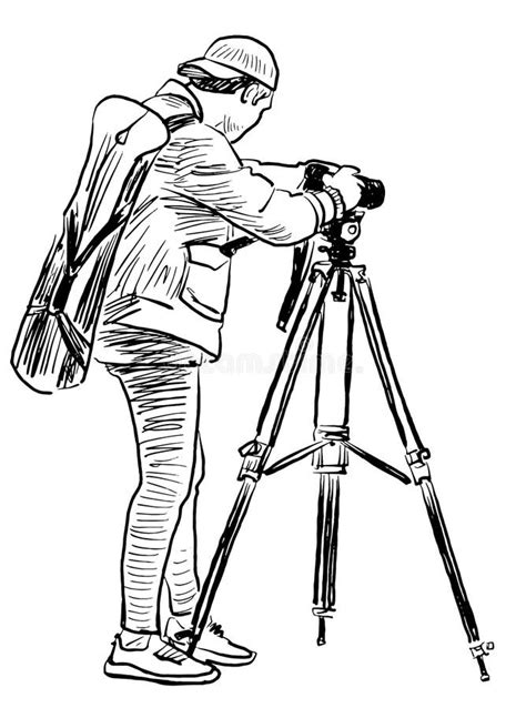 Outline Drawing Of Professional Photographer Taking Picture On Camera