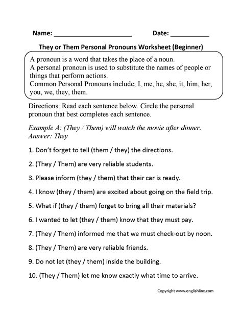 They Or Them Personal Pronouns Worksheets Beginner Pronoun Worksheets