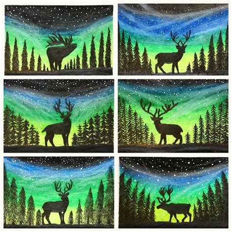 Art Room Britt Silhouetted Deer And Trees With Aurora Winter Art