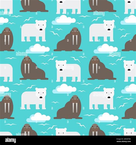 Seamless Pattern With Polar Bear And Walrus Flat Design Vector