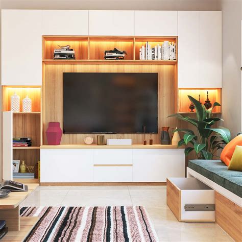 Compact Tv Unit Minimalist Interior Design With Wood And White Storage